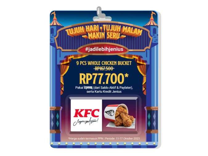 Promo KFC Whole Chicken Bucket Isi 9 Ayam Rp 77.700 via Jenius edisi Oktober 2023