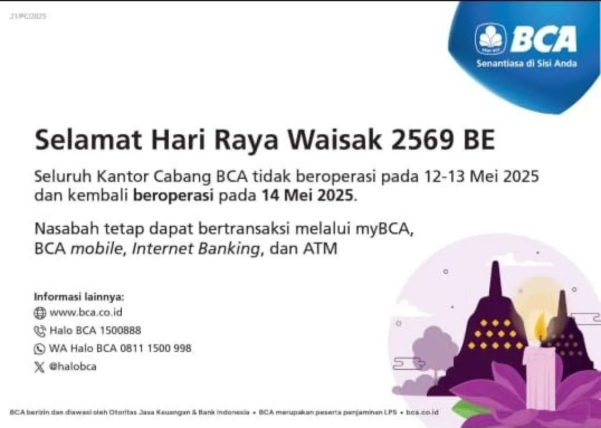 Jadwal Operasional BCA Selama Libur dan Cuti Bersama Hari Raya Waisak 2025