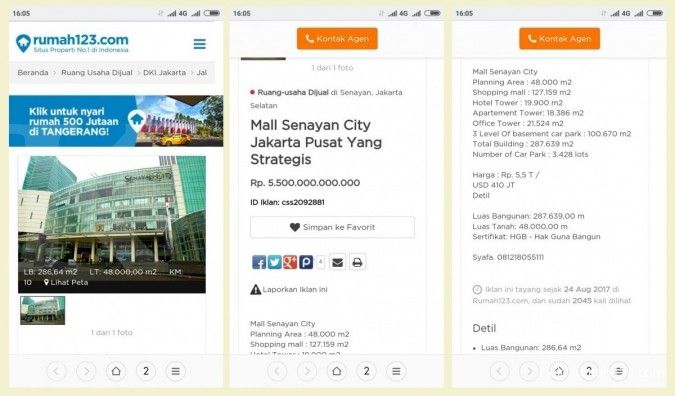 Cerita Senayan City dijual di situs rumah123.com