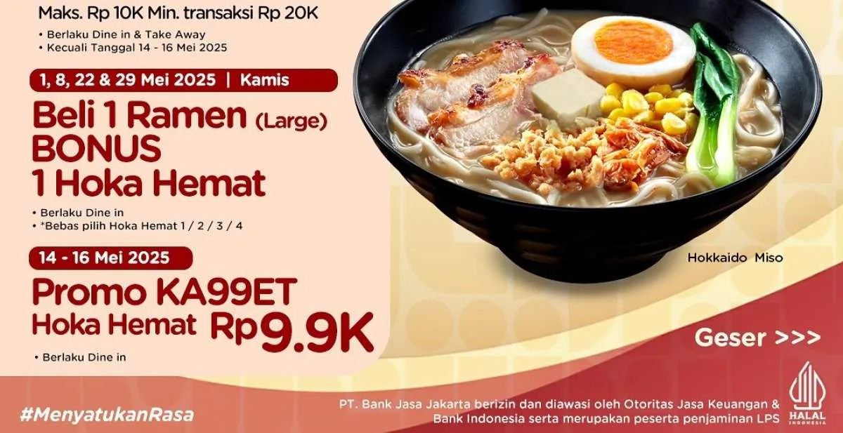 Promo HokBen dan Bank Saqu 14-16 Mei 2025, Promo Kaget Hoka Hemat Rp 9.900 Saja