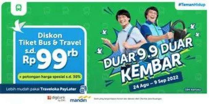 Promo Traveloka 9.9 Kembar, Dapatkan Diskon Tiket Bus & Travel Sampai Rp99.000