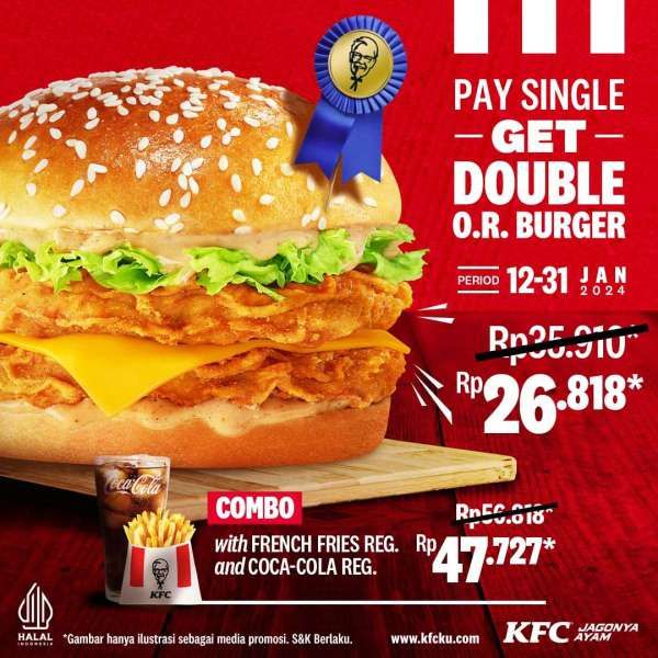 Promo KFC Beli 1 Dapat Double O.R Burger Mulai 12 Januari 2024