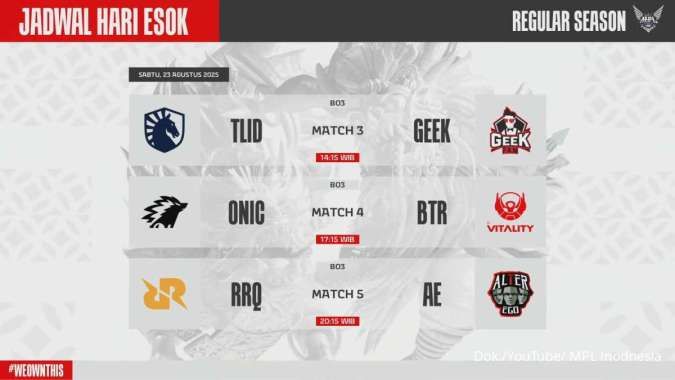 Jadwal MPL ID S16 week 1 day 2 | Dokumentasi live streaming YouTube MPL Indonesia pada 22 Agustus 2025