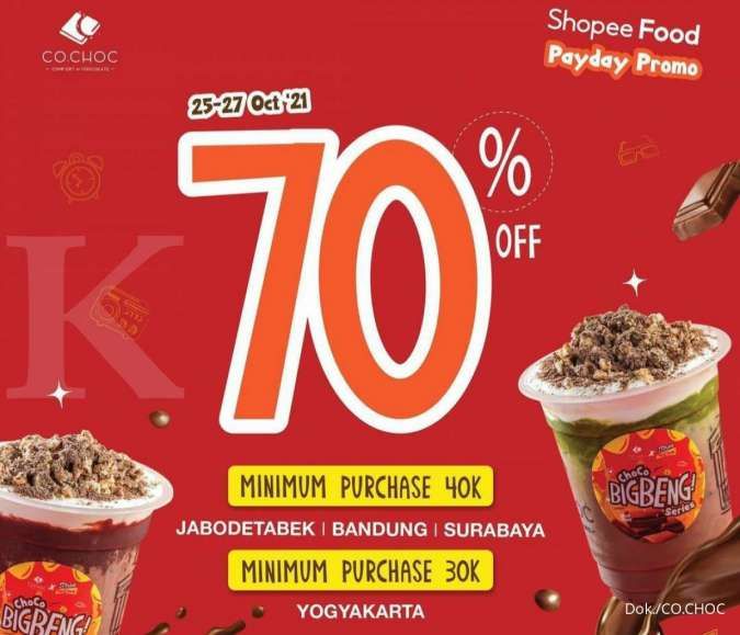 Hari Terakhir! Promo CO.CHOC Diskon 70% via ShopeeFood di Beberapa Daerah