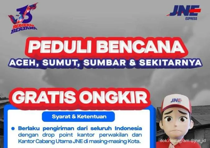 JNE Gratiskan Ongkir Bantuan Bencana Sumatera Berlaku Nasional 1-10 Desember 2025