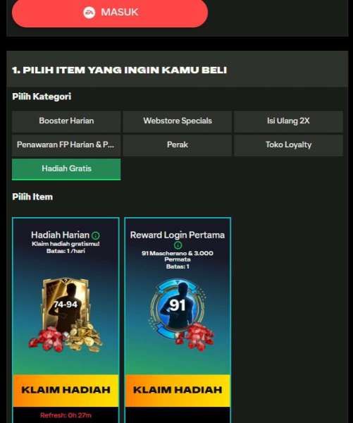 Tampilan klaim reward gratis di situs FCM Webstore