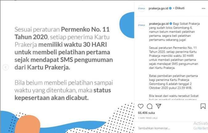 Batas waktu pembelian pelatihan Prakerja gelombang 6 tanggal 2 Oktober 2020