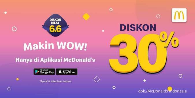 Promo 6.6 McD, Spesial Diskon Kilat Rp 30.000 Aneka Menu McDonalds