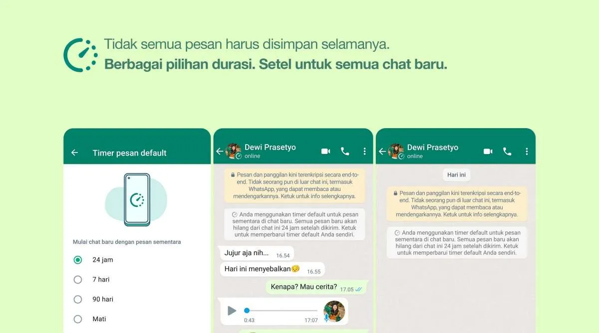 Fitur Pesan Sementara di WhatsApp kini jadi opsi default, durasi maksimal 90 hari