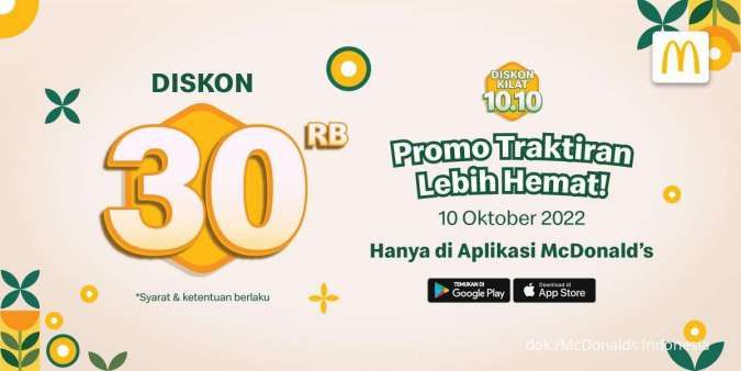 Promo Diskon Kilat 10.10 McD, Traktiran Diskon Rp 30.000 di Aplikasi McDonalds