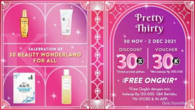 Promo Sociolla Pretty Thirty, Produk Kecantikan Pilihan Diskon 30% + Free Ongkir