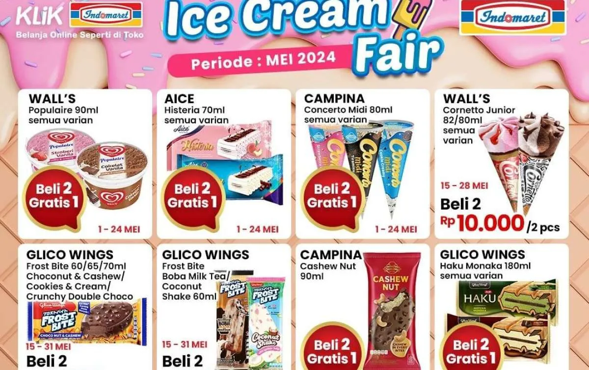 Promo Indomaret Paling Murah Berakhir Besok, Banyak Es Krim Beli 2 Gratis 1 Bulan Mei