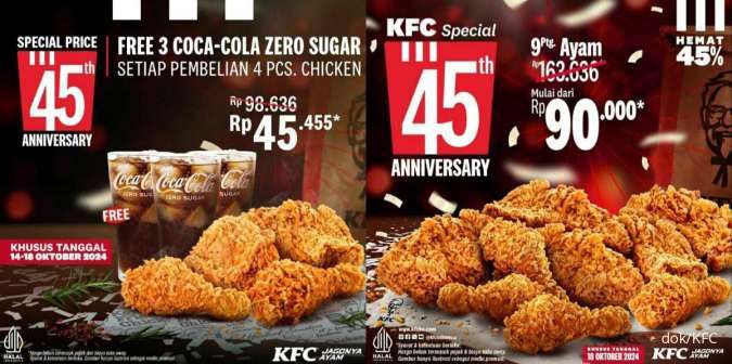 3 Promo KFC Anniversary ke-45: Diskon 45% hingga Ayam Harga Rp 45.455 Gratis Cola