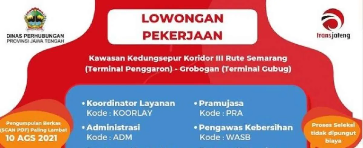 Lowongan kerja di BRT Trans Jateng, ada posisi untuk lulusan SMP dan SMA