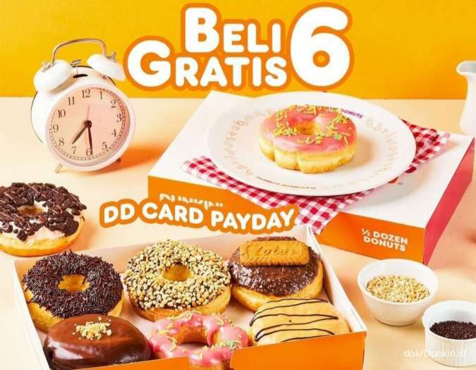 Promo Dunkin Beli 6 Gratis 6 via DD Card dan Voucher Dine In GrabFood 29-31 Juli 2024