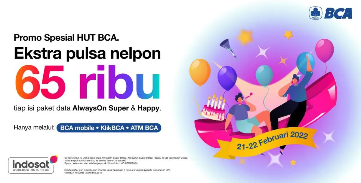 Promo Tri HUT BCA 21-22 Februari, Isi Paket Data Dapat Bonus Pulsa Rp 65.000