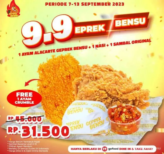 Promo 9.9 Geprek Bensu FREE Ayam Crumble