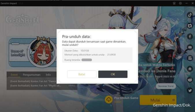 Ukuran download pra-unduh Genshin Impact 3.6 PC