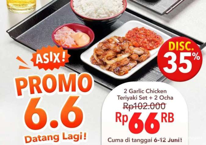 Promo 6.6 Yoshinoya 6-12 Juni, 2 Garlic Chicken Teriyaki + Ocha Cuma Rp 66.000