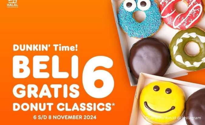 Promo Dunkin Beli 6 Gratis 6 Donut Mulai 6-8 November 2024, Berlaku untuk Umum