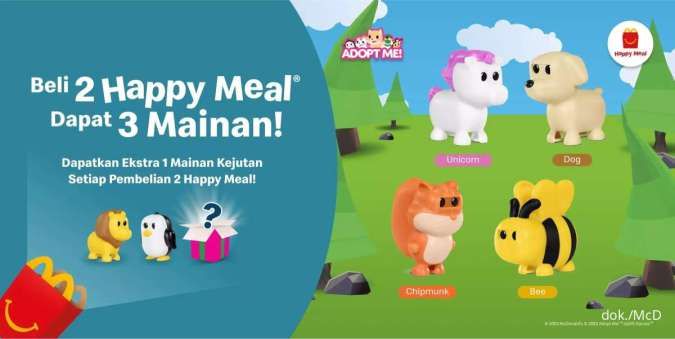 Promo McD Terbaru 2023, Happy Meal Adopt Me 3 Mainan-Snack Vaganza Rp 10.000