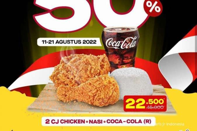 Promo Carls Jr Merdeka, Diskon 50% Beli 2 Ayam, 1 Nasi dan Coca Cola Rp 22.500