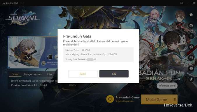 Ukuran pra-unduh Honkai: Star Rail 1.2 versi PC