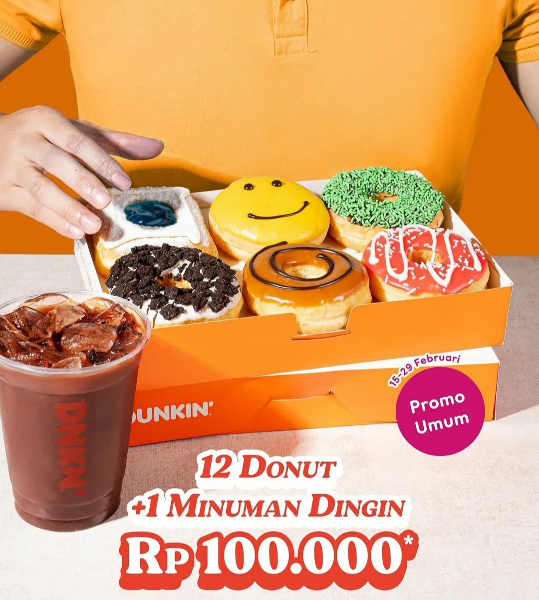 Promo Dunkin 12 donat 1 minuman dingin Februari 2024