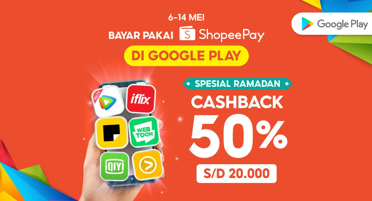 Promo: Bayar di Google Play pakai ShopeePay dapatkan cashback 50% hingga 20.000 koin
