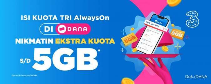 Promo Tri di DANA, Isi Kuota AlwaysOn Dapat Ekstra Kuota 5 GB