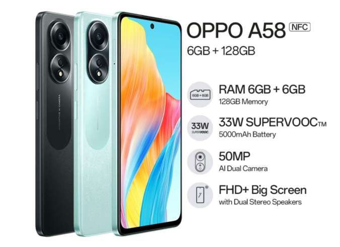 Spesifikasi & Harga HP OPPO A58: RAM 6GB, Layar FHD+, Kamera 50MP, Rp 2,5 Juta