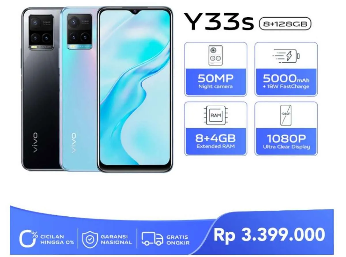 Harga HP Vivo Y33s dibanderol Rp 3,3 jutaan, dilengkapi RAM 8GB dan kamera 50MP