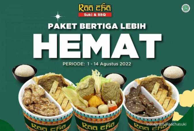 Promo Raa Cha Resto 1-14 Agustus 2022, Paket Hemat 3 Porsi Suki dan BBQ Diskon 30%