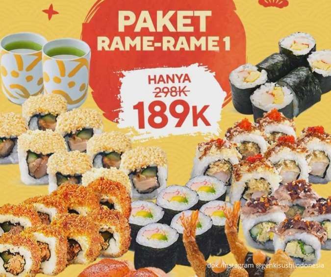 Promo Genki Sushi Paket Rame-Rame, 8 Varian Sushi Favorit + 2 Ocha Harga Spesial