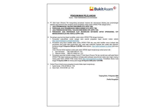 Pengumuman Pelelangan Jasa Penambangan di PT Bukit Asam (Persero) Tbk