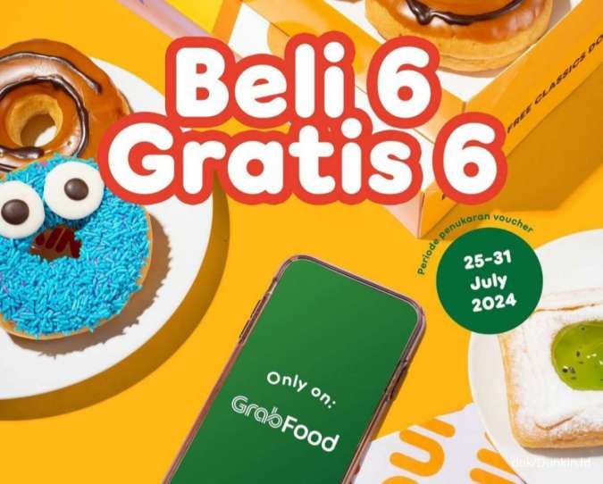 Promo Dunkin 25-31 Juli 2024 Sediakan Grab E-voucher Beli 6 Gratis 6 Donat Rp 72.000