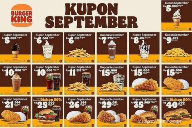 Promo Burger King 1-30 September 2022, Kupon September Diskon 50% Mulai Rp 5.000