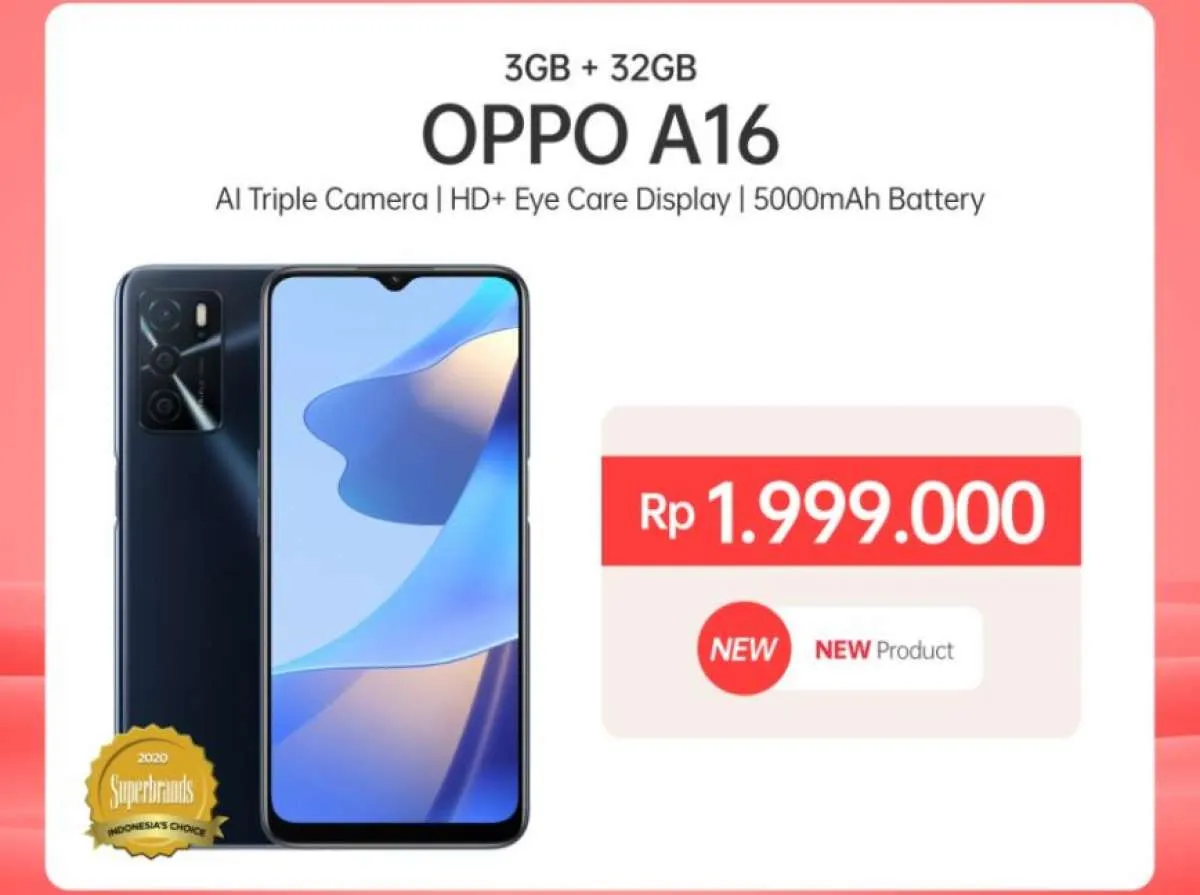 Cek harga HP OPPO A16 RAM 3 GB terbaru, seri entry level terpopuler