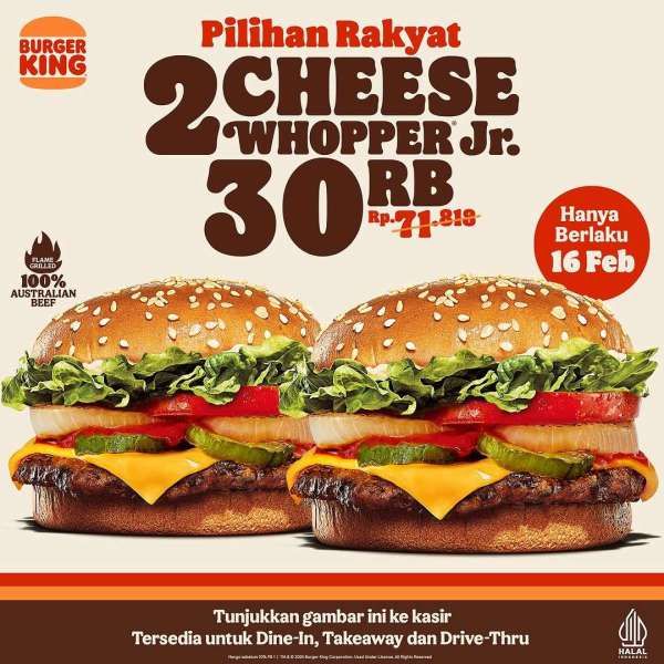 Promo Burger King 2 Cheese Whopper Jr. Rp 30.000 di 16 Februari 2024