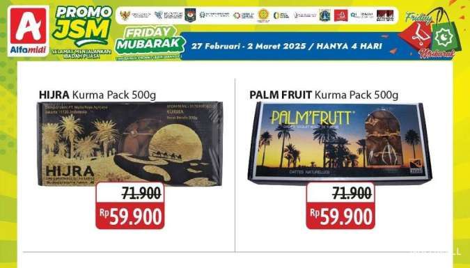 Promo JSM Alfamidi Terbaru s/d 2 Maret 2025, Kurma Hijra-Palm Frutt Diskon Rp 12.000