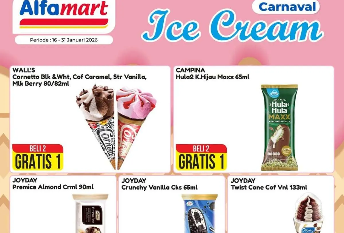 Promo Es Krim Alfamart 16-31 Januari 2026, Ada Cornetto Beli 2 Gratis 1!