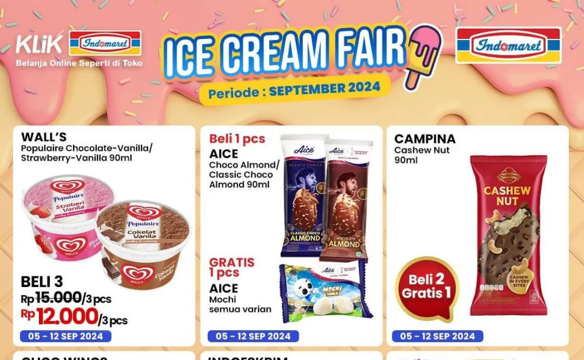 Promo Es Krim Indomaret dan Alfamart 5-12 September 2024, Wall's Beli 3 Rp 12.000