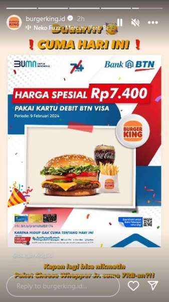 Promo Burger King HUT Bank BTN ke-74 Jumat 9 Februari 2024