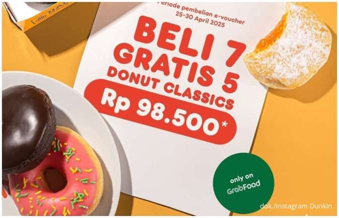 Promo Dunkin GrabFood hingga 30 April, Beli 7 Donut Classic Gratis 5 Harga Spesial