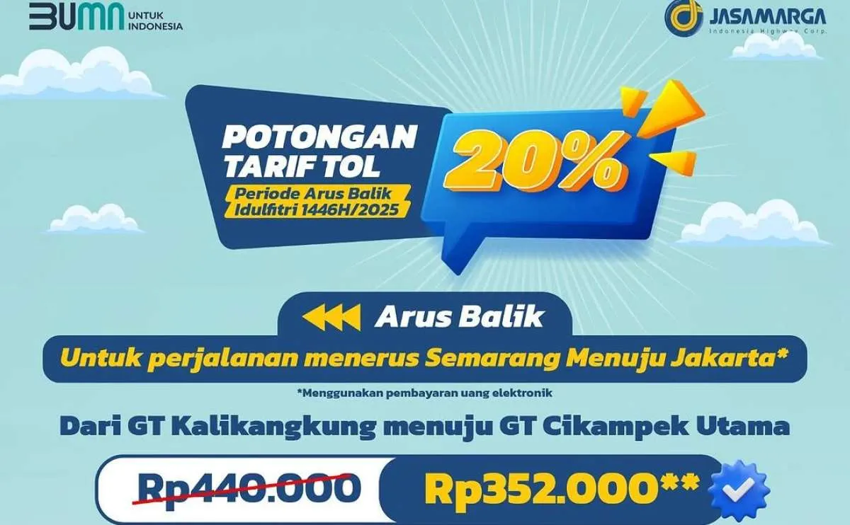 Dapatkan Diskon 20% Tarif Tol Arus Balik Lebaran Tahun 2025, Berlaku Mulai Hari Ini 