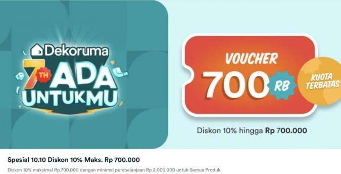 Promo 10.10 Dekoruma, Diskon 10% Hingga Rp 700.000