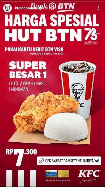Promo KFC Terbaru Spesial HUT Bank BTN 9 Februari 2023, Super Besar 1 Harga Lebih Murah