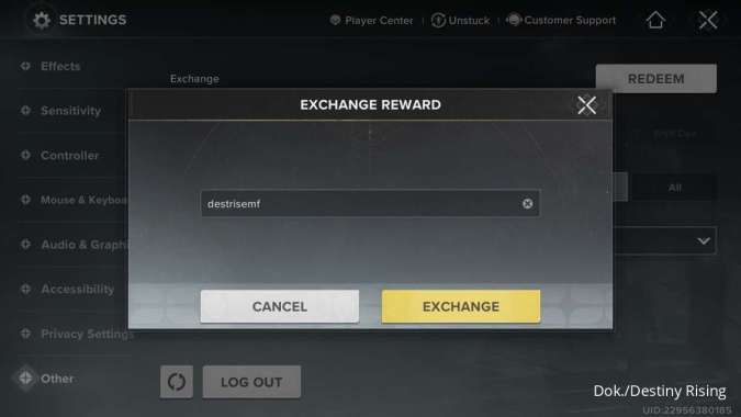 Tampilan menu kode redeem Destiny Rising