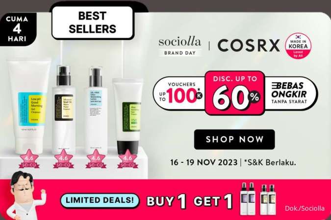 Promo Sociolla Brand Day COSRX 16-19 November 2023, Diskon s/d 60% dan Buy 1 Get 1!