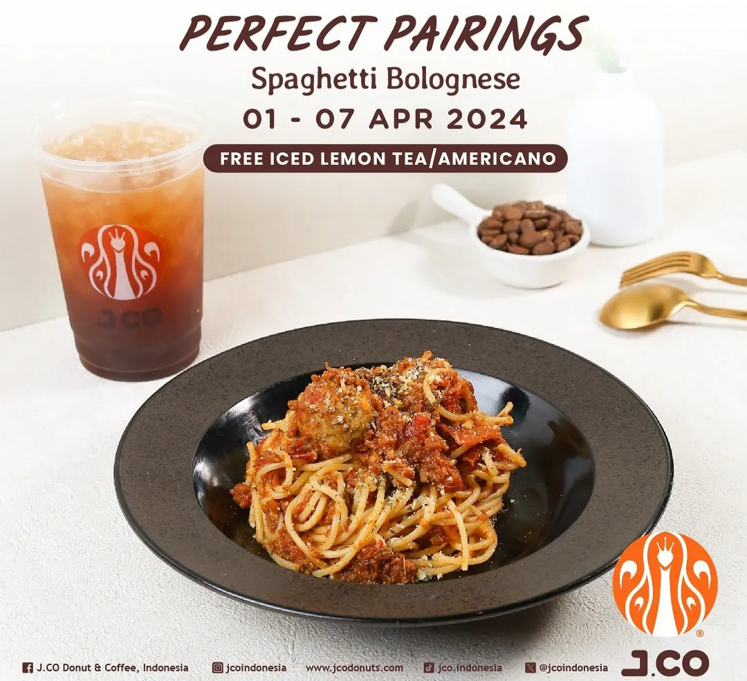 Promo J.CO Spaghetti bolognese free lemon tea / americano